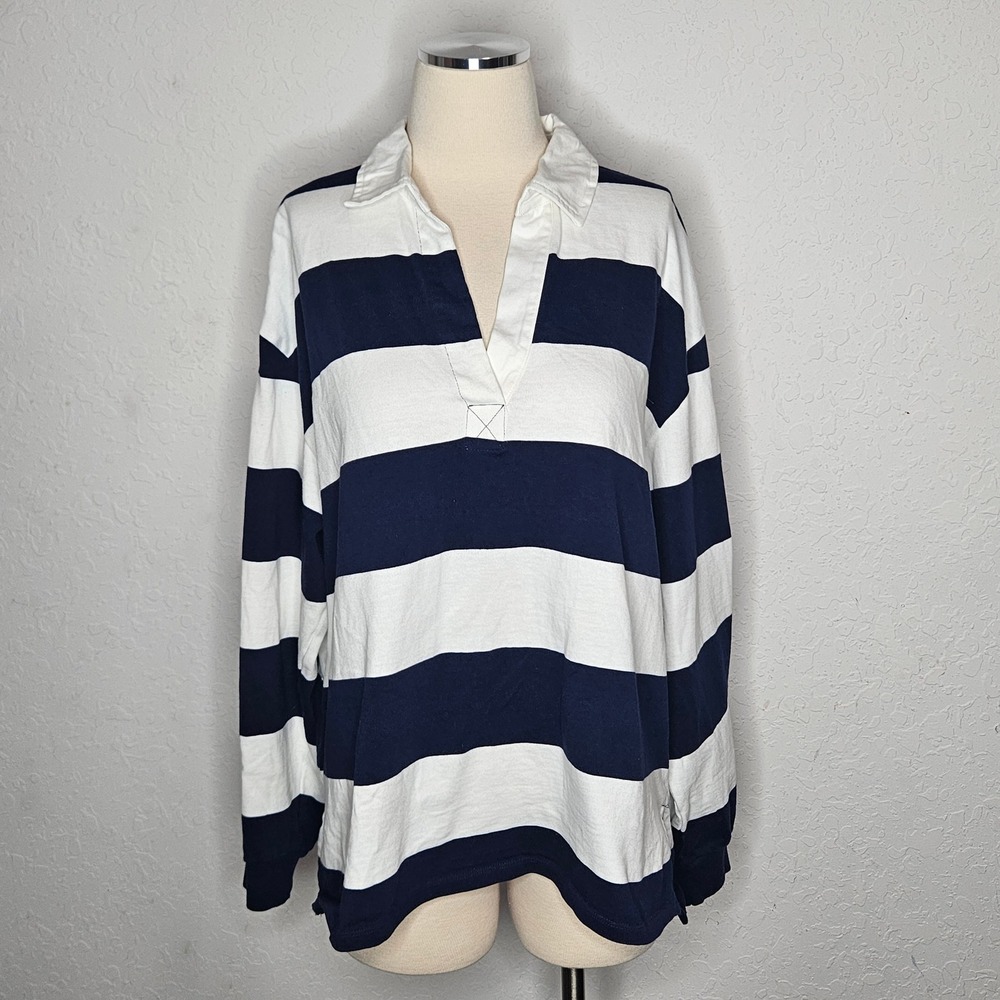 Lands' End XL Navy White Striped Rugby Shirt Cotton Preppy Coastal Oversized